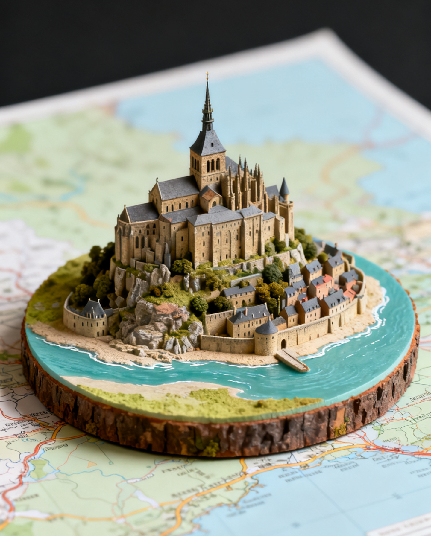 Mont Saint-Michel rendered as a miniature diorama on a map